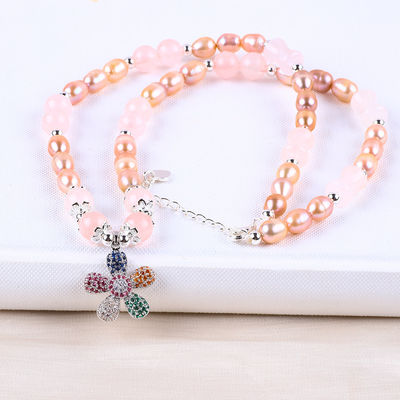 Collare perla di acqua dolce rosa quarzo 6mm perline cristallo maglione collare