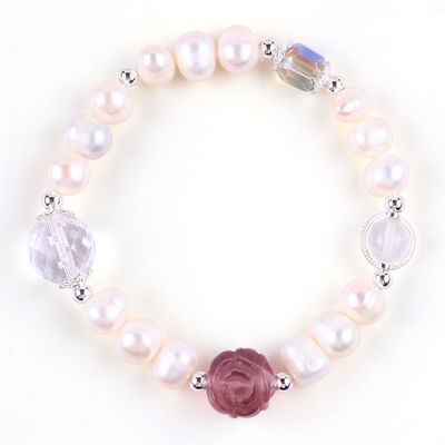 Braccialetto per perle di acqua dolce naturale Elastico con scultura di fiori di rosa di fluorite viola