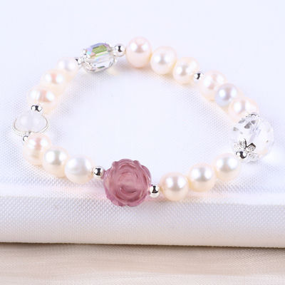 Braccialetto per perle di acqua dolce naturale Elastico con scultura di fiori di rosa di fluorite viola
