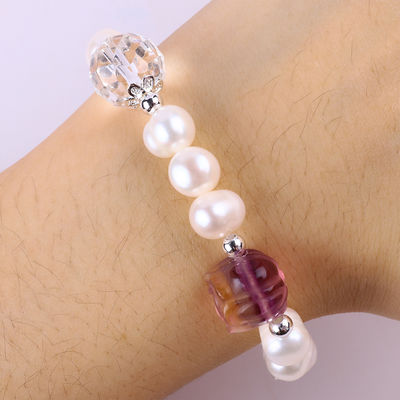 Braccialetto per perle di acqua dolce naturale Elastico con scultura di fiori di rosa di fluorite viola