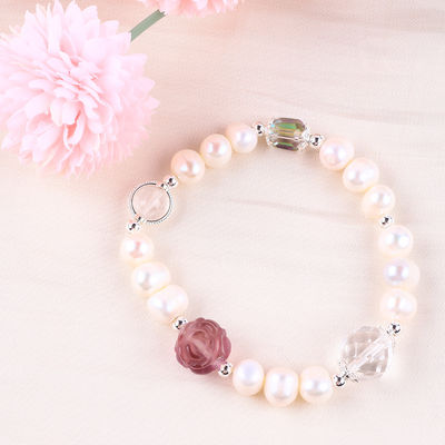 Braccialetto per perle di acqua dolce naturale Elastico con scultura di fiori di rosa di fluorite viola
