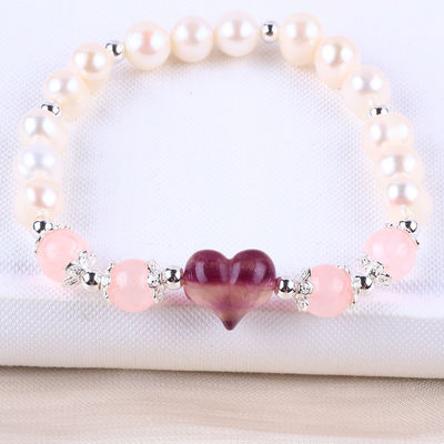 8MM Rosa Perla di Acqua dolce Stretch Bracelet Cuore Cristallo intaglio