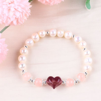 8MM Rosa Perla di Acqua dolce Stretch Bracelet Cuore Cristallo intaglio