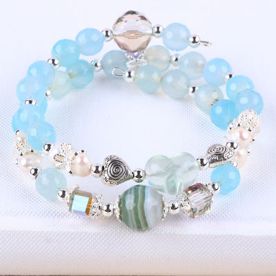 8 mm multifaccata agata blu con forma rotonda e perla di acqua dolce bianca braccialetto regolabile
