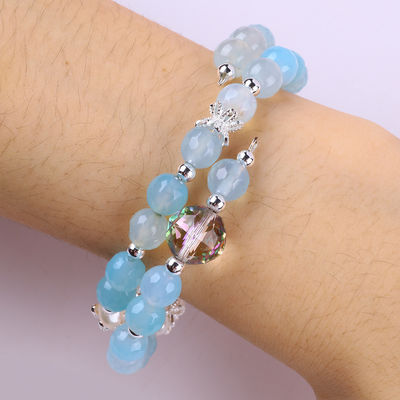 8 mm multifaccata agata blu con forma rotonda e perla di acqua dolce bianca braccialetto regolabile