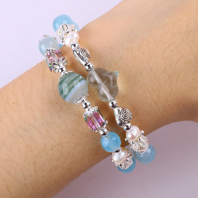 8 mm multifaccata agata blu con forma rotonda e perla di acqua dolce bianca braccialetto regolabile