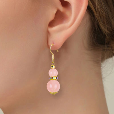 Energia curativa rosa rosa quarzo cristallo corto angolo rotondo forma perla gancio orecchino per l'uso quotidiano