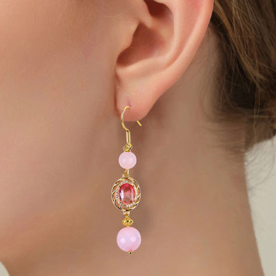 Multicristallo naturale rosa di quarzo con forma rotonda con orecchini di forma ovale rosa