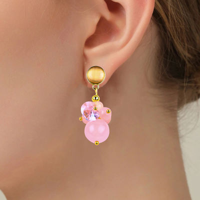 Rosa Calcedonia Pietra di cristallo Unico DIY Pendente Ovale Rotondo perle Stud orecchini per uso quotidiano