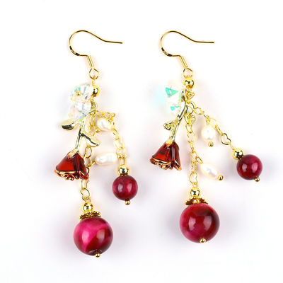10MM 8MM Rosso Rosso Tigre Occhio Cristallo E Perla Bianca Con Rosa Fiore Dangle Lungo Orecchino Per Festa E Indossare Ogni Giorno