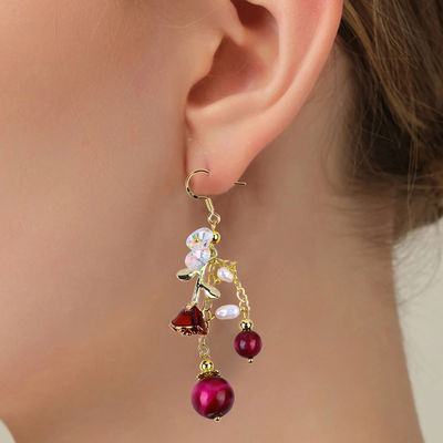 10MM 8MM Rosso Rosso Tigre Occhio Cristallo E Perla Bianca Con Rosa Fiore Dangle Lungo Orecchino Per Festa E Indossare Ogni Giorno