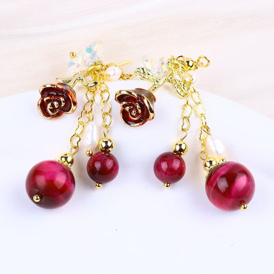 10MM 8MM Rosso Rosso Tigre Occhio Cristallo E Perla Bianca Con Rosa Fiore Dangle Lungo Orecchino Per Festa E Indossare Ogni Giorno