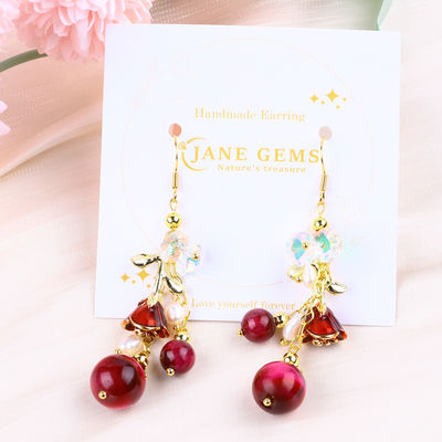 10MM 8MM Rosso Rosso Tigre Occhio Cristallo E Perla Bianca Con Rosa Fiore Dangle Lungo Orecchino Per Festa E Indossare Ogni Giorno
