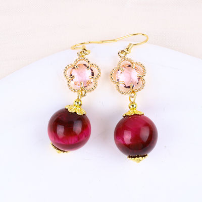14MM Rosa Occhio di Tigre Rosso Con Fiore Rosa Charm Forma Rotonda Orecchini Corti Per Partito Regalo