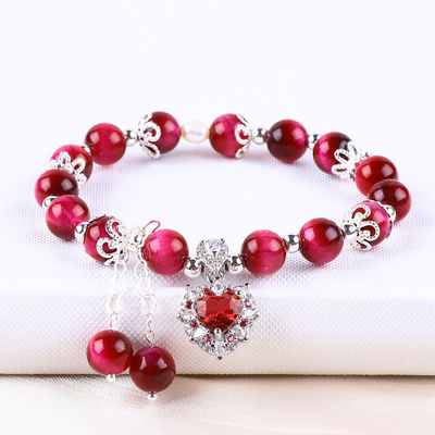 8mm Round Stone Rose Red Tiger's Eye con perline braccialetto stretch