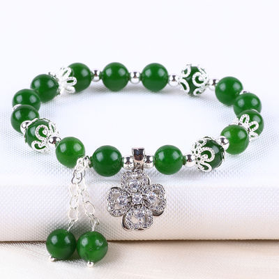 8MM Pietra di Giada Verde Scuro Con Spinner Fiore Incantesimo Guarigione Spirituale Forma Rotonda Stretch Bead Bracelet