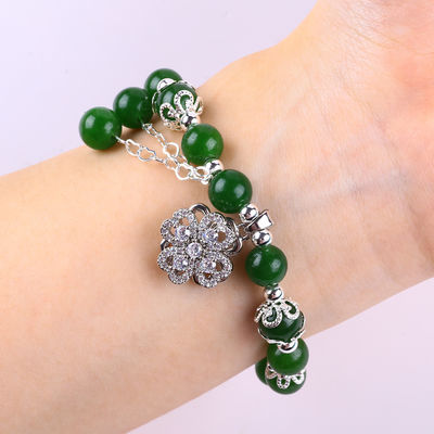 8MM Pietra di Giada Verde Scuro Con Spinner Fiore Incantesimo Guarigione Spirituale Forma Rotonda Stretch Bead Bracelet