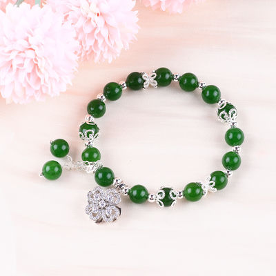 8MM Pietra di Giada Verde Scuro Con Spinner Fiore Incantesimo Guarigione Spirituale Forma Rotonda Stretch Bead Bracelet