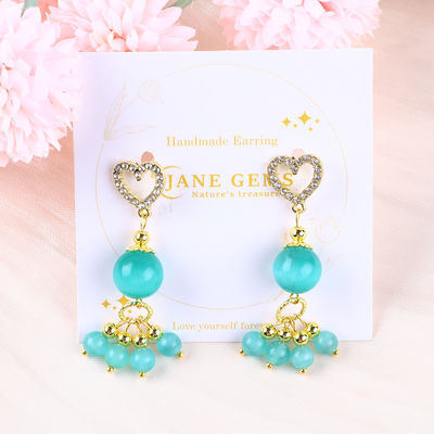 Gemme a mano 6MM 12MM Verde Occhio di Gatto Con Cuore Stud Dangle Orecchino Per Regali