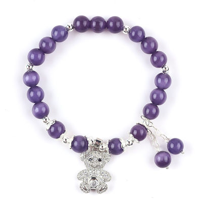 Gemstone Purple Cat Eye With Bear Handmade Round Shape Stretch Bead Bracelet Per Gioielli Regalo