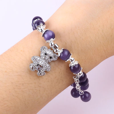 Gemstone Purple Cat Eye With Bear Handmade Round Shape Stretch Bead Bracelet Per Gioielli Regalo