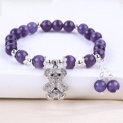 Gemstone Purple Cat Eye With Bear Handmade Round Shape Stretch Bead Bracelet Per Gioielli Regalo