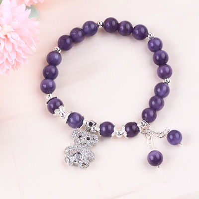 Gemstone Purple Cat Eye With Bear Handmade Round Shape Stretch Bead Bracelet Per Gioielli Regalo